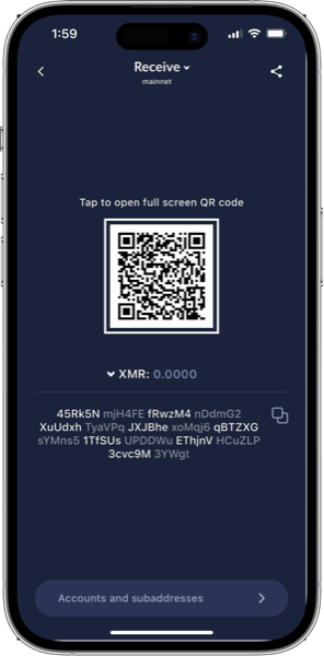 Cake Wallet Receive screen