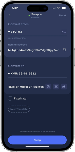 Cake Wallet Swap screen